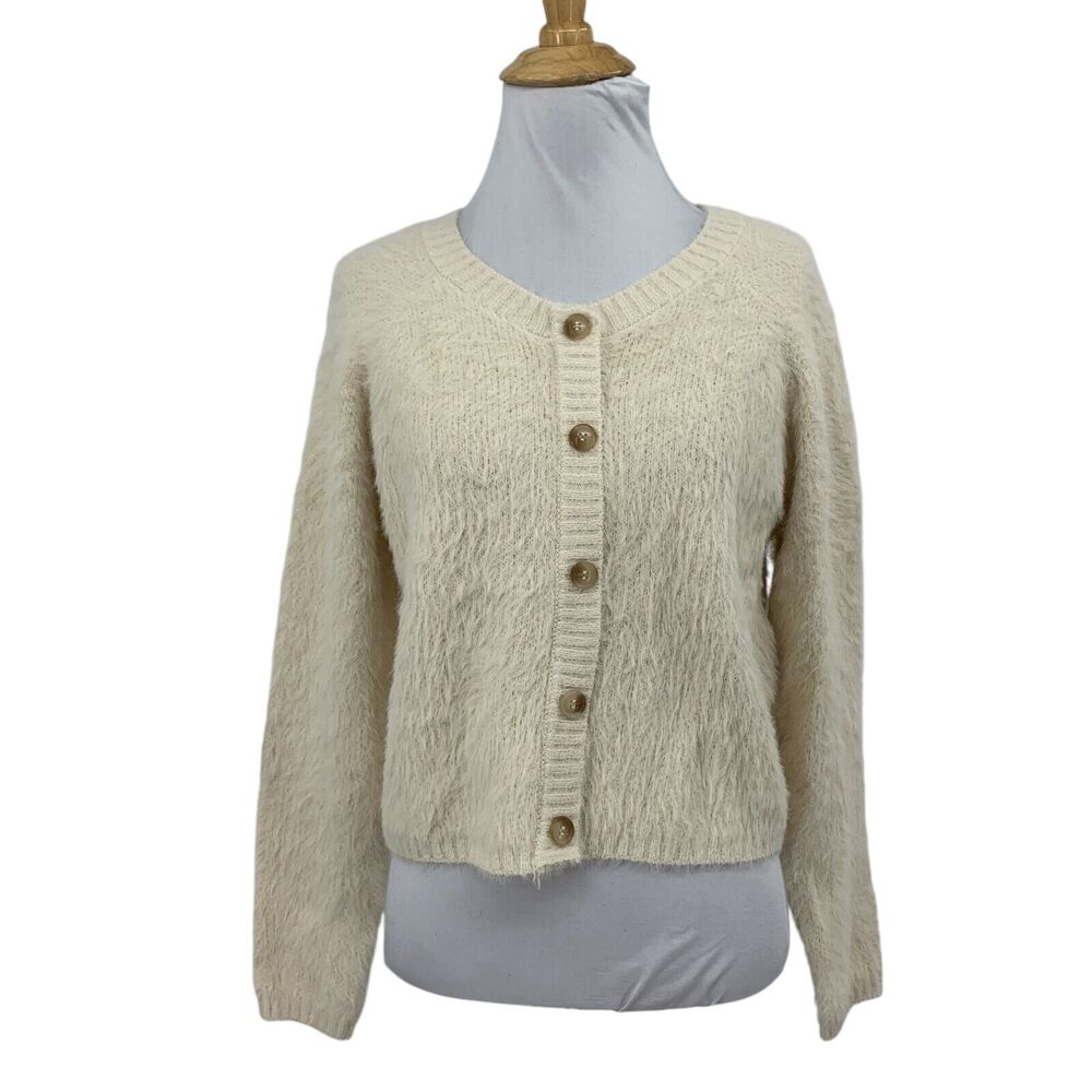 Cotton Emporium Sweater Womens S Ivory Fuzzy Long Sleeve Eyelash Crop Cardigan